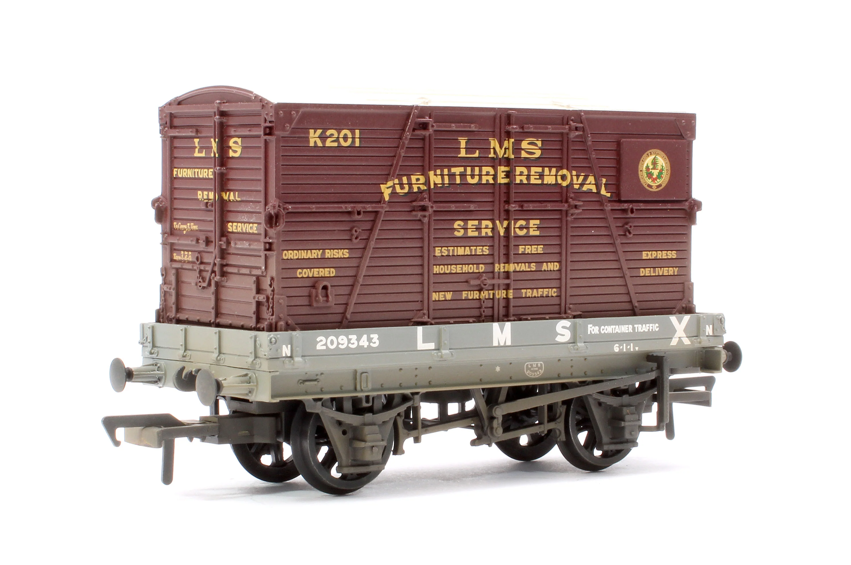 37-482A 1 Plank Wagon LMS Grey 'Furniture Removal Service' (with Crimson Container) No.209343 - Weathered