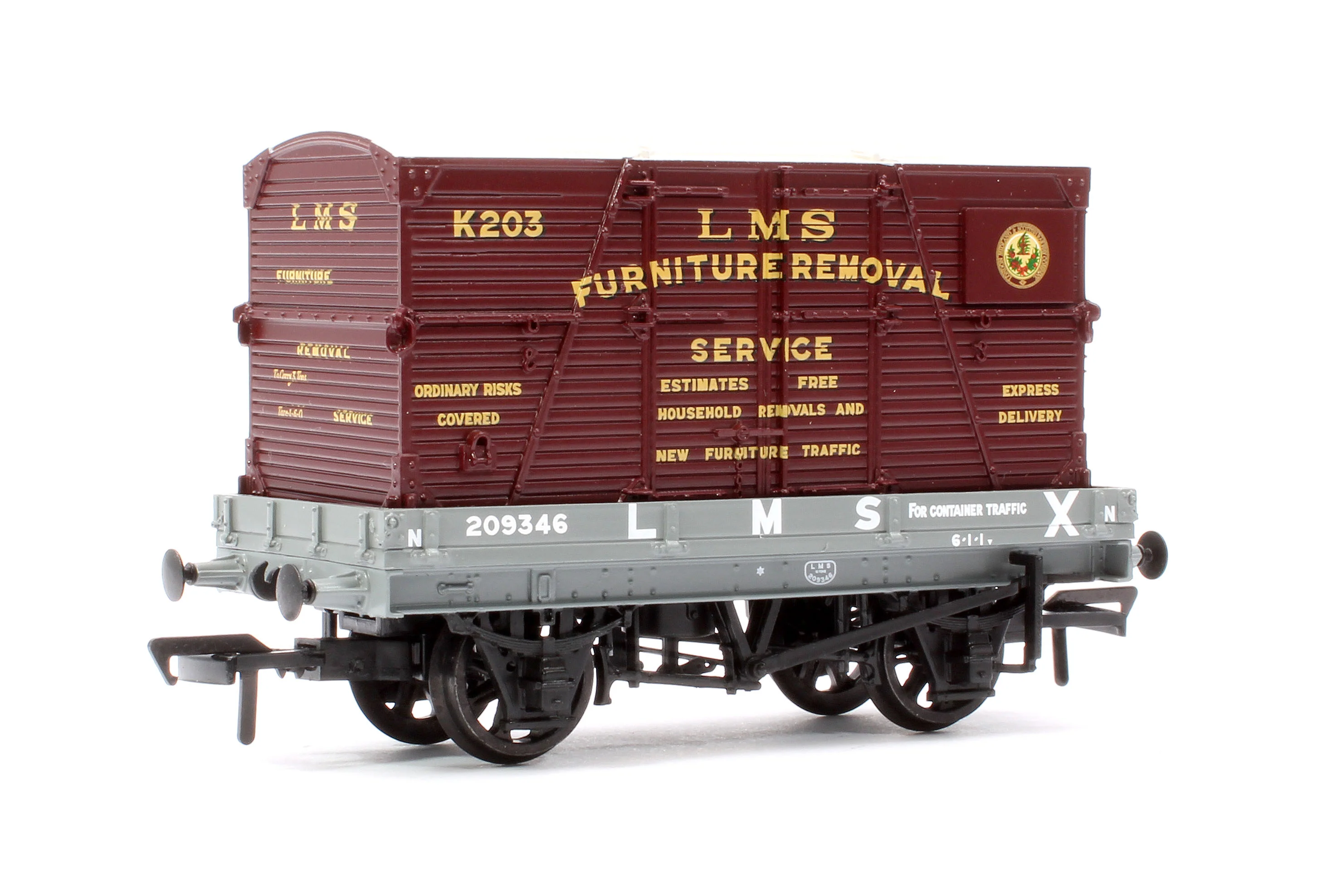 37-482 1 Plank Wagon LMS Grey 'Furniture Removal Service' (with Crimson Container) No.209346