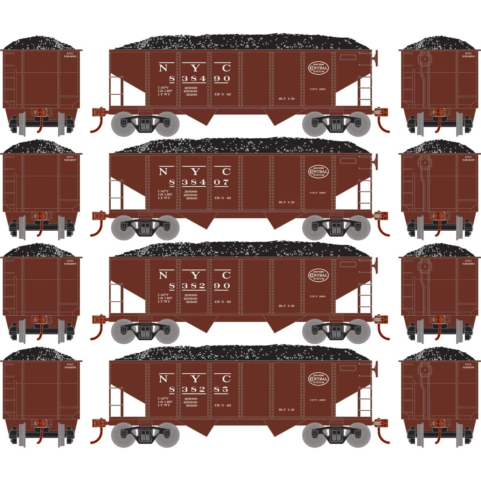 RND50012 Set of 4 Roundhouse HO 34' 2-Bay Rib Side Hopper With Load, NYC #2