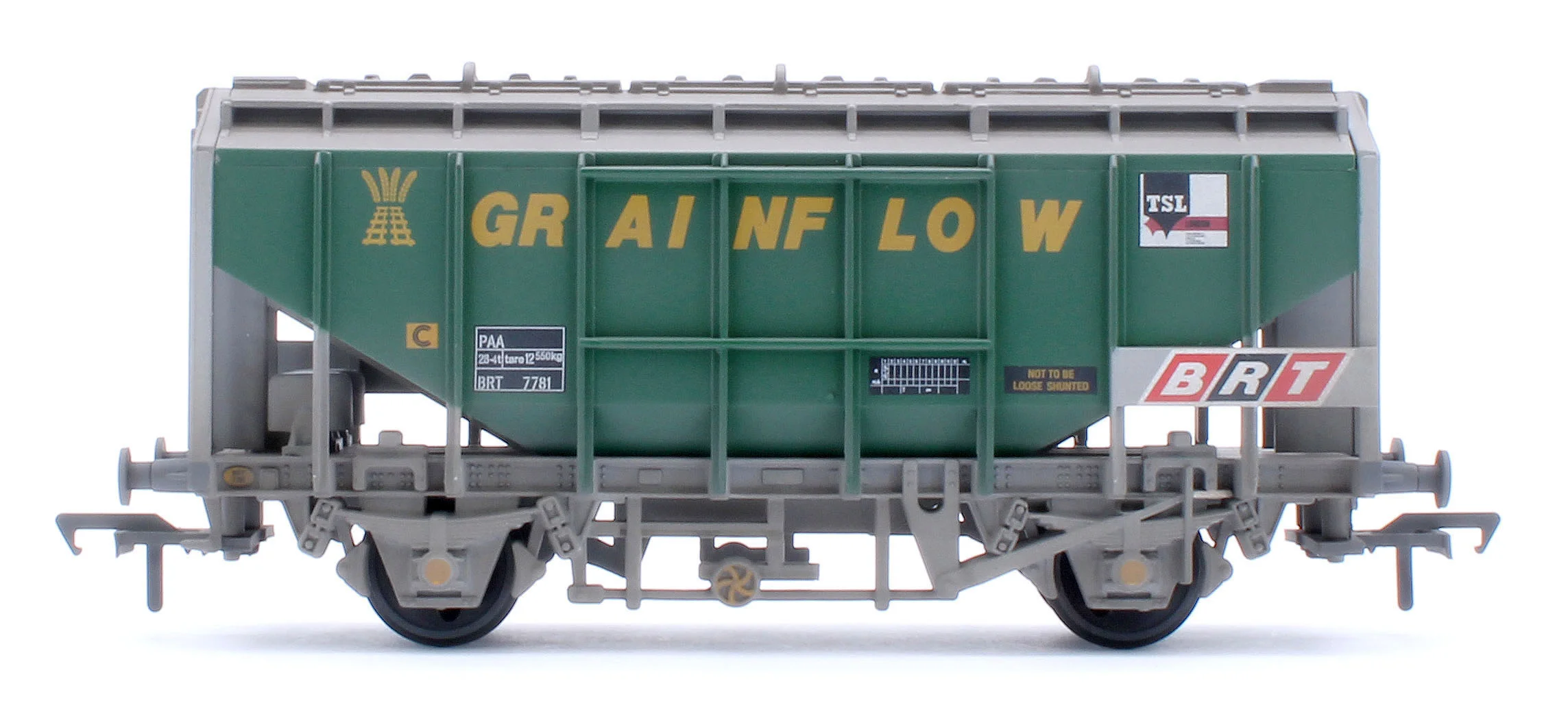33-132B 35 Ton PAA Bulk Grain Wagon 'Grainflow' Green & Grey No. BRT 7781 - Weathered - Image 2