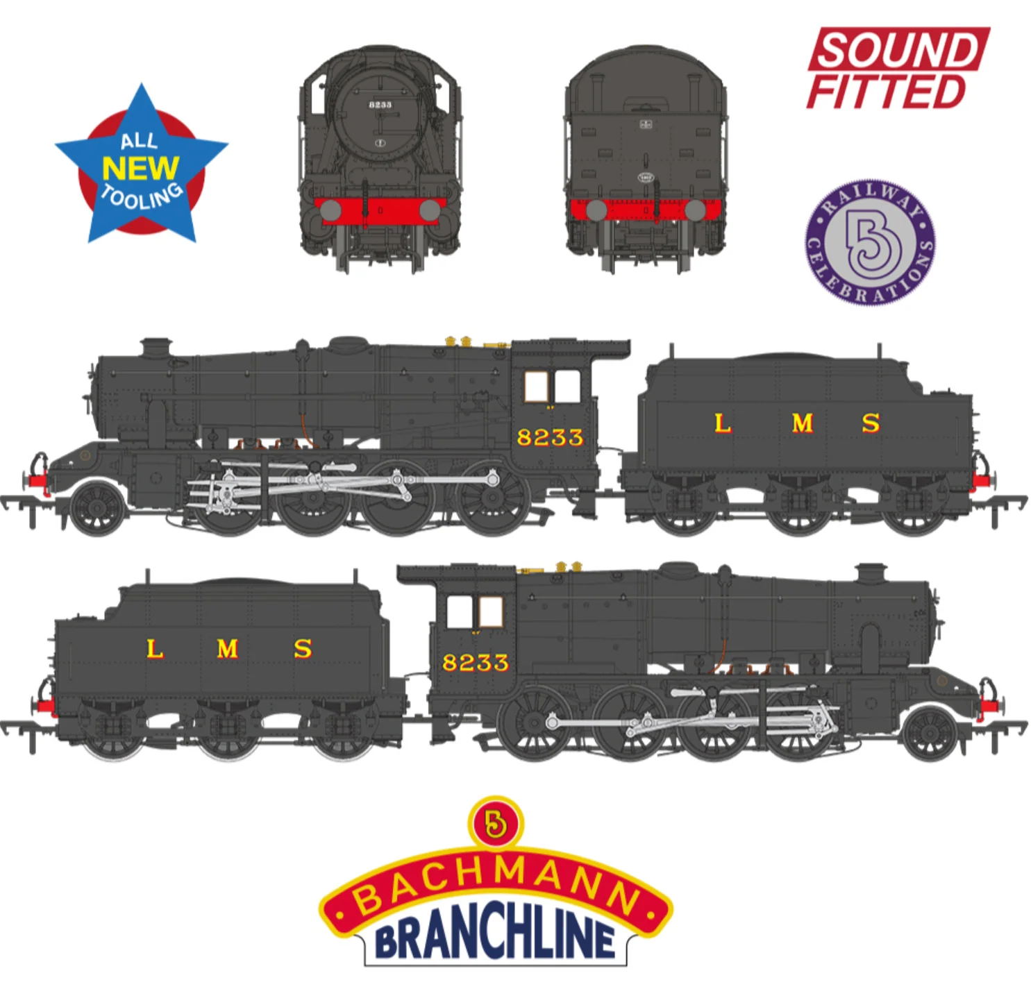 35-226SF LMS 8F with Riveted Tender 8233 LMS Black Steam Locomotive - DCC Sound