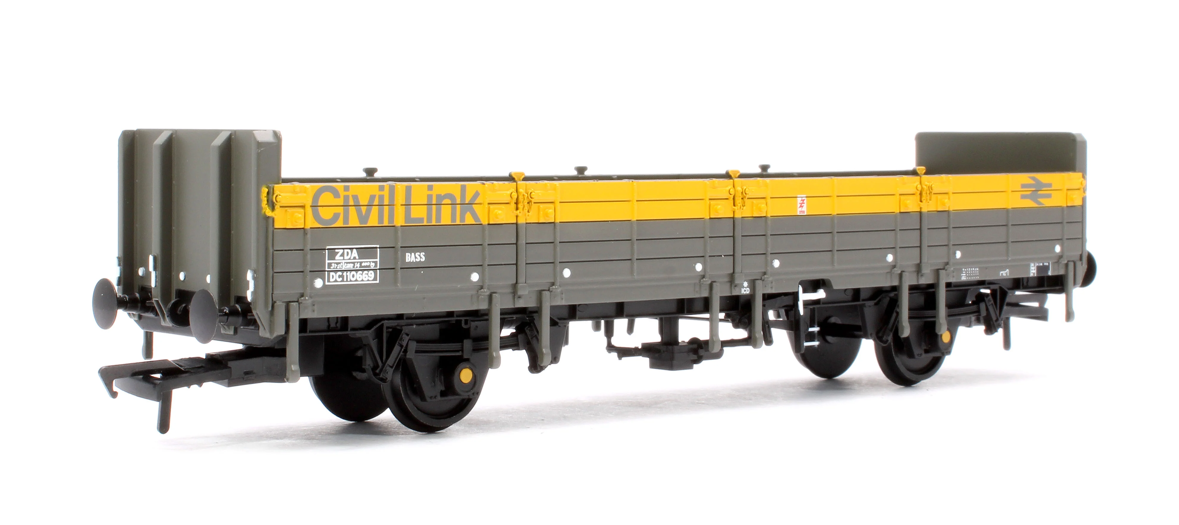 38-047 BR ZDA 'Bass' Open Wagon Low Ends BR Eng. 'Civil Link' Grey & Yellow No.DC110669 - Image 3