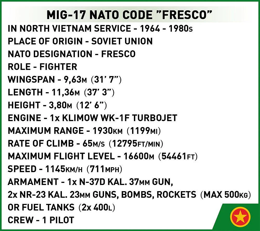 COB2424 MIG-17 NATO Code F Vietnam War (577 pcs) Model Kit - Image 9