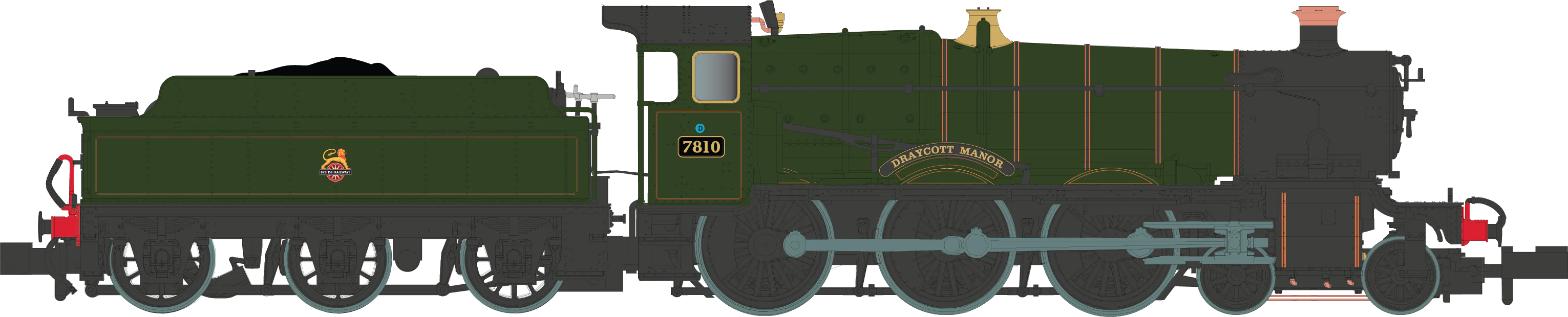 2S-001-009 4-6-0 Draycott Manor 7810 Lined BR Green Small Early Crest Steam Locomotive