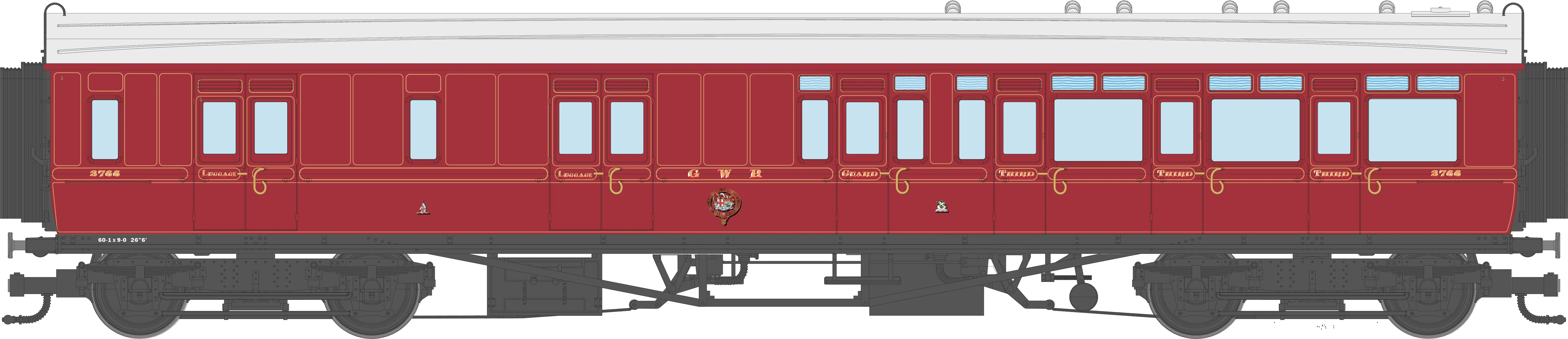 4P-021-005 GWR Corridor Toplight 1914 Lined Crimson Lake Brake Third RH 3766