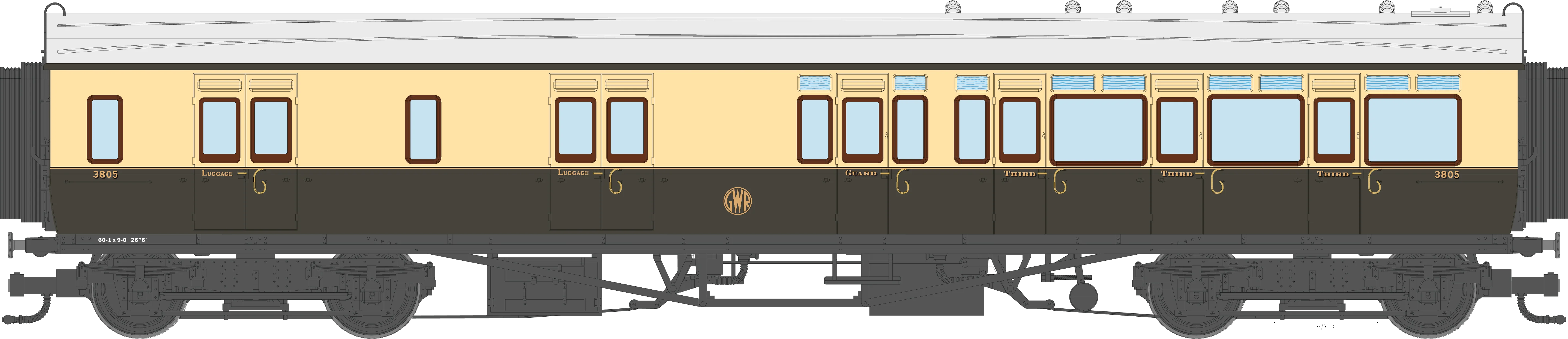 4P-021-305 GWR Corridor Toplight 1935 Chocolate & Cream Roundel Brake Third RH 3805