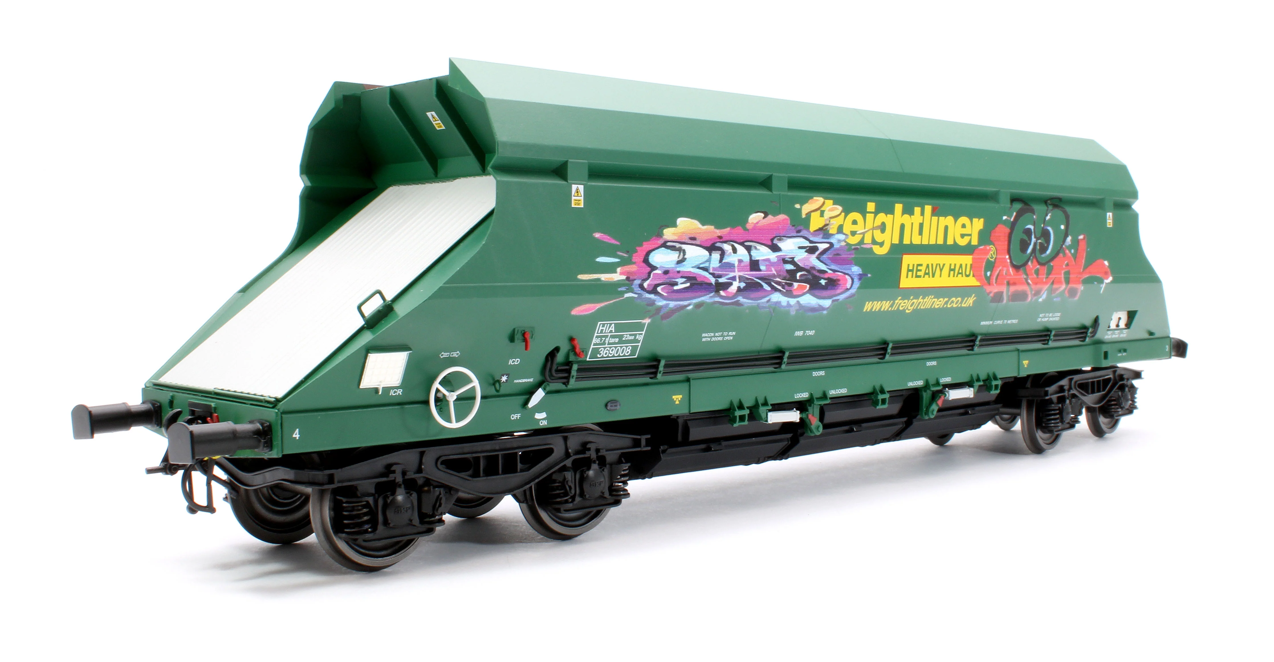 7F-026-001G1 HIA Freightliner Green Heavy Haul Limestone Hopper 369008 Graffiti - Image 3