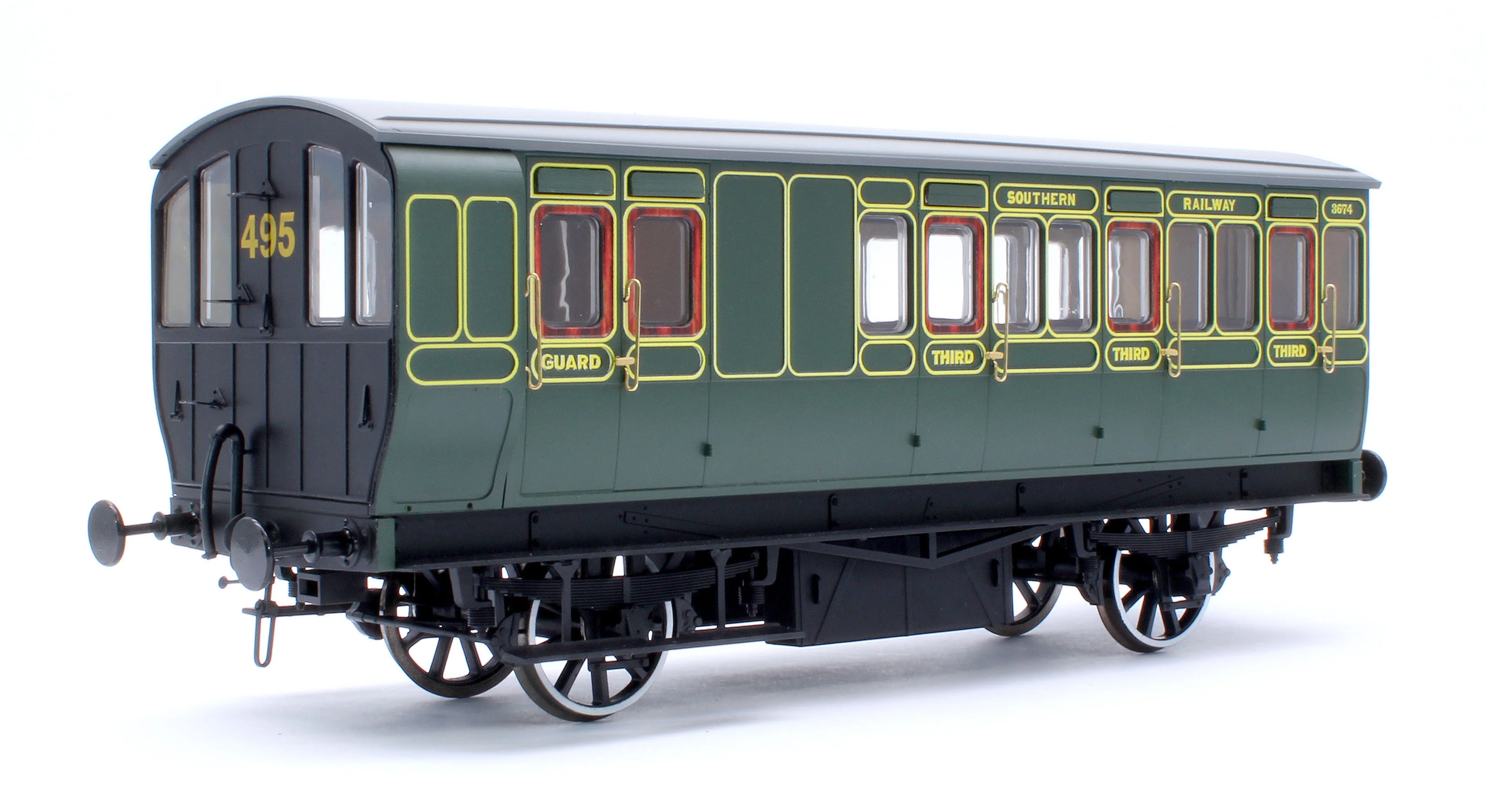 7P-020-552D Stroudley 4 Wheel Electrically Lit Brake 3rd Southern Lined Green 3674 - DCC & Light Bar Fitted