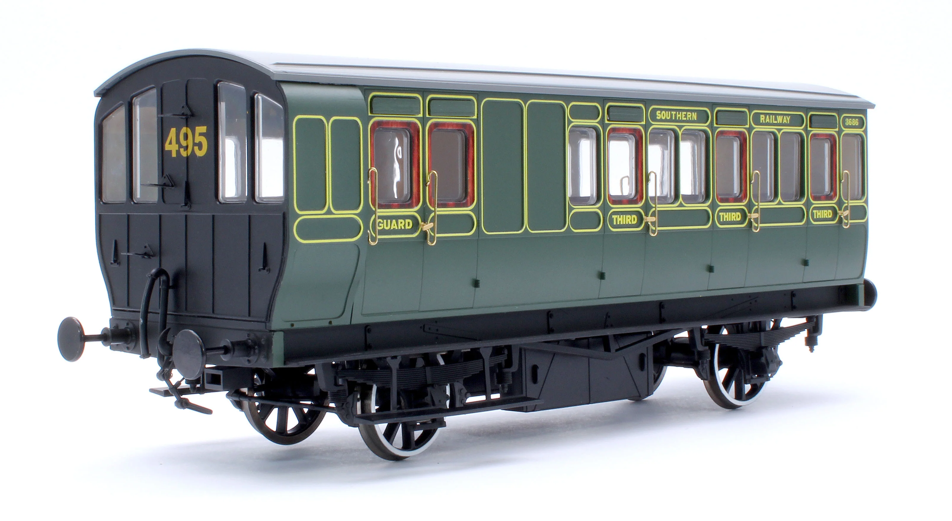 7P-020-553D Stroudley 4 Wheel Electrically Lit Brake 3rd Southern Lined Green 3686 - DCC & Light Bar Fitted