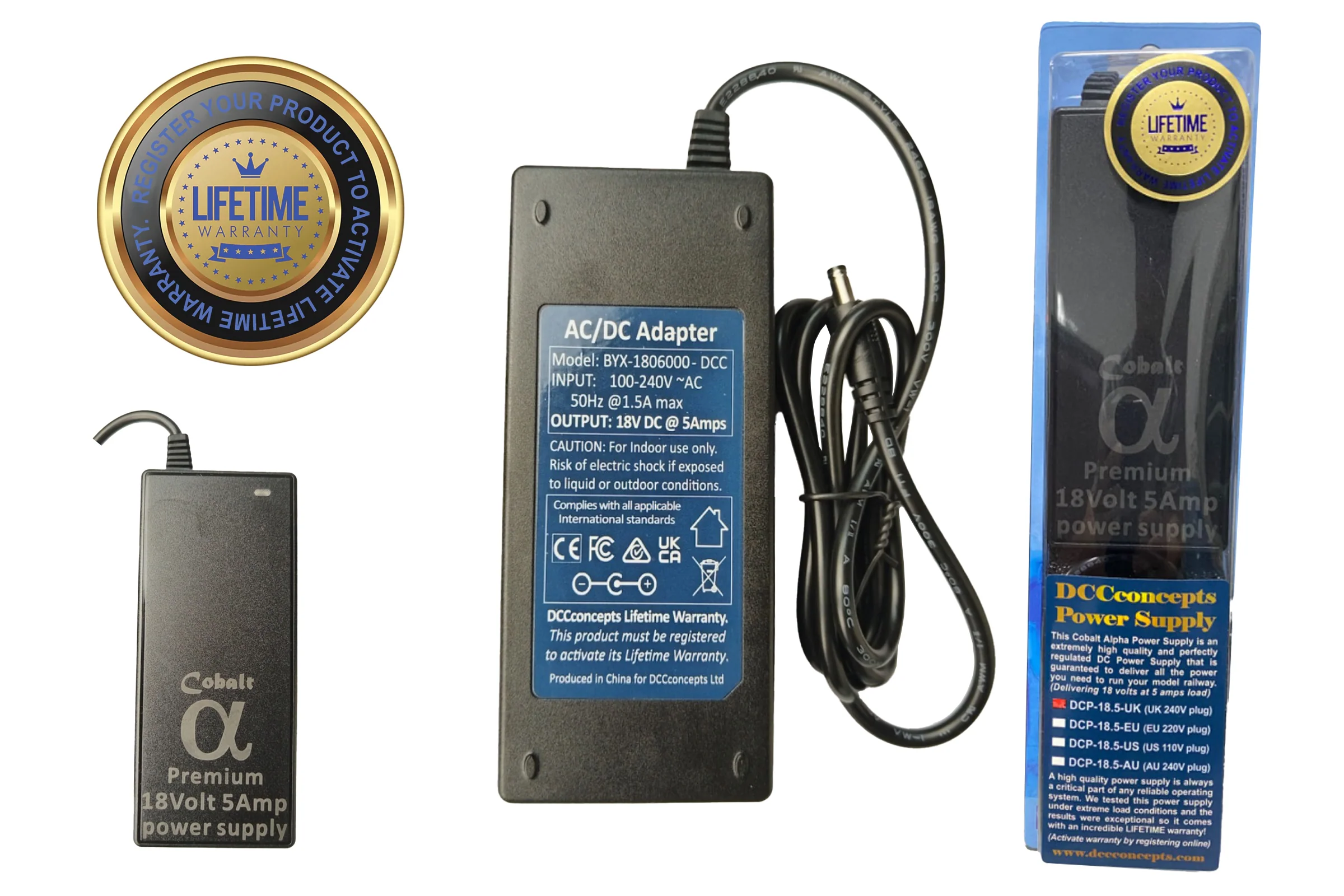 DCP-18.5.UK Cobalt 18V DC, 5A (UK) Premium high reliability power supply for DC/DCC systems – 2.5mm DC UK plug