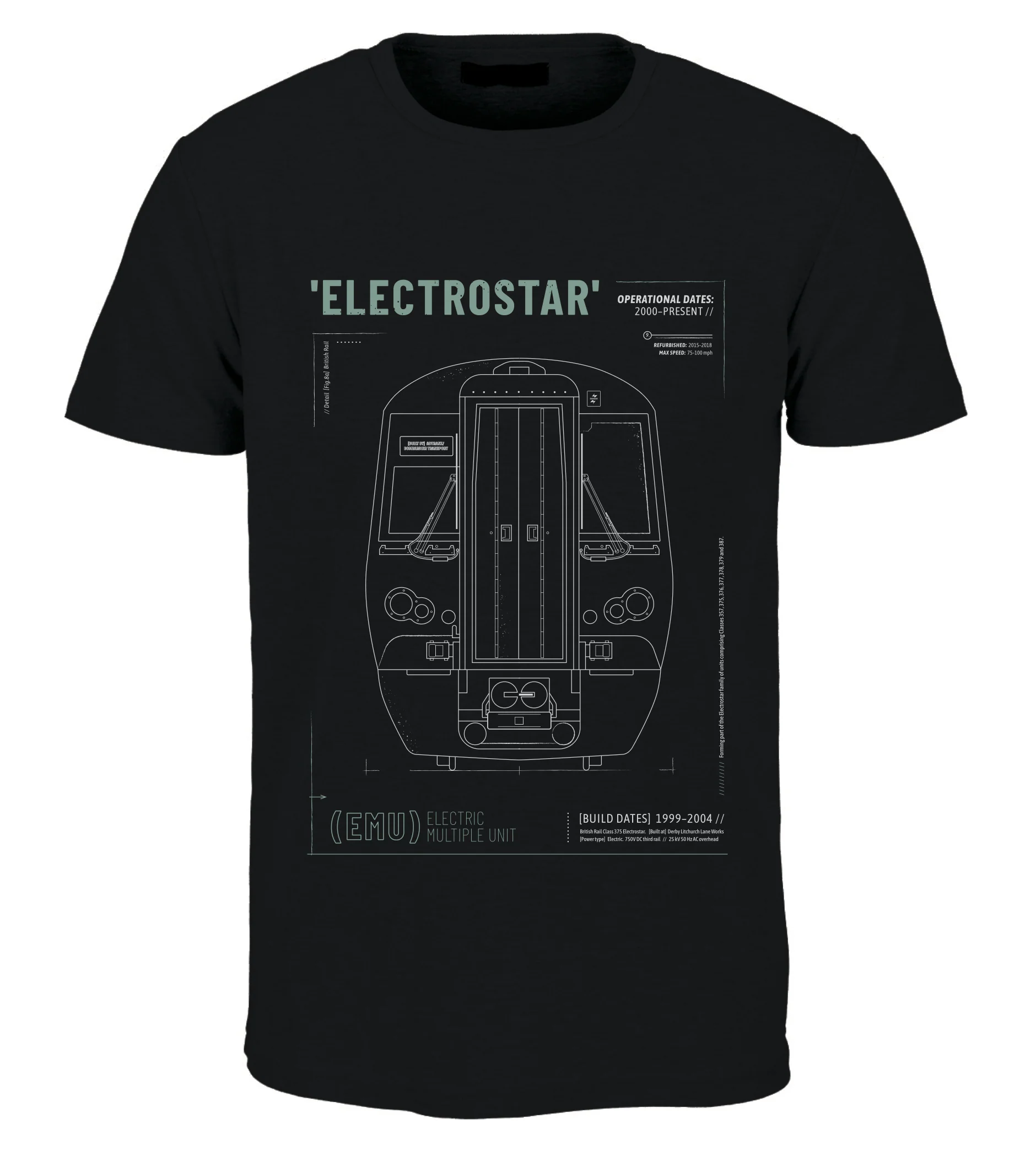 ELECTROSTAR-TEE-BK Electrostar EMU Technical Drawing Blueprint Railway T Shirt (Black)