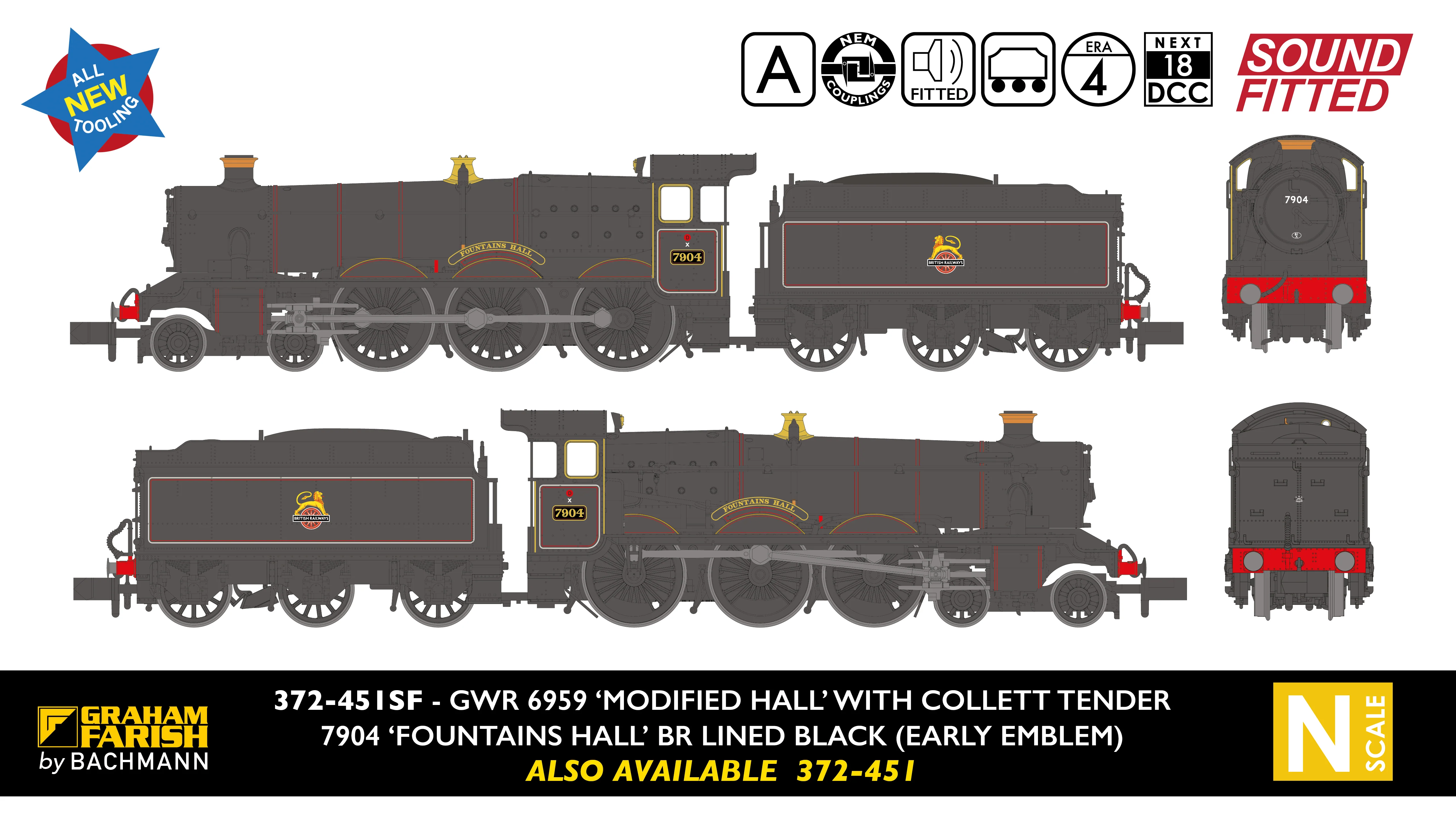 372-451SF GWR 'Modified Hall' 7904 'Fountains Hall' BR Lined Black (Early Emblem) Steam Locomotive - DCC Sound - Image 10