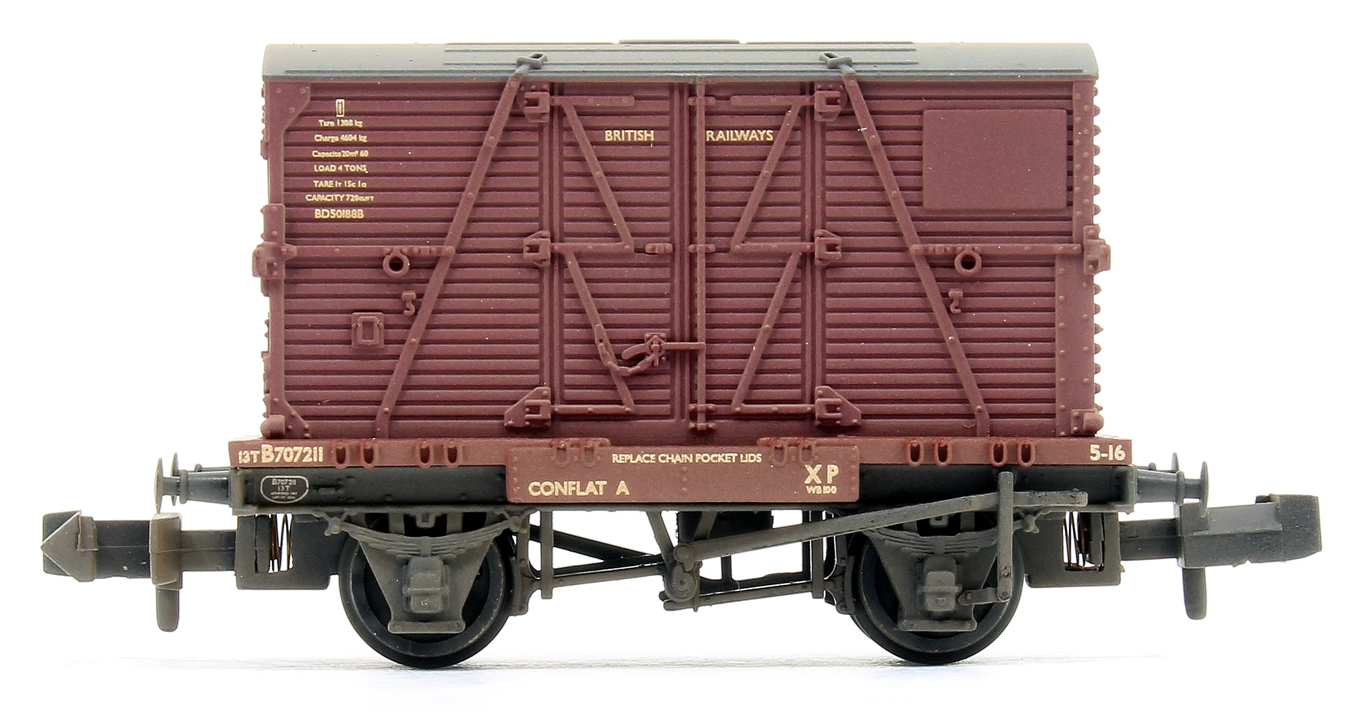 377-328C Conflat Wagon BR Bauxite (Early) 707211 With BR Crimson BD Container with Wagon Loads - Weathered - Image 3