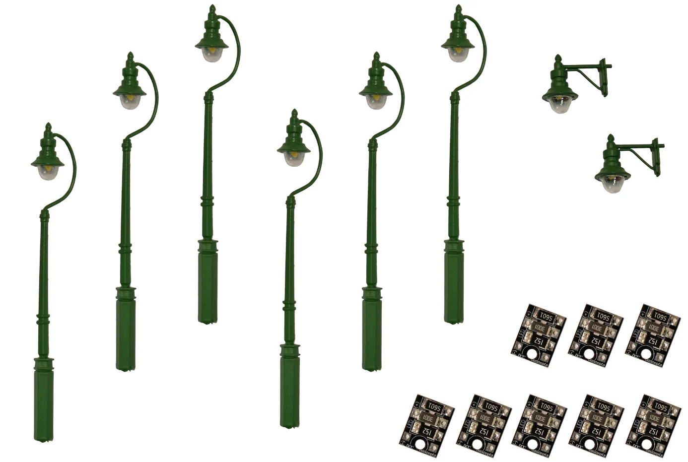 LML-VPSGR 4mm Scale Swan-Neck Lamps Value Pack – Green (2x Wall Lamps, 6x Street/Platform Lamps)