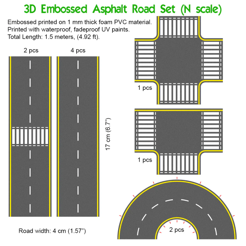 P3D-UV-04 N Scale UV Printed 3D PVC Road Set (Asphalt) - Image 2