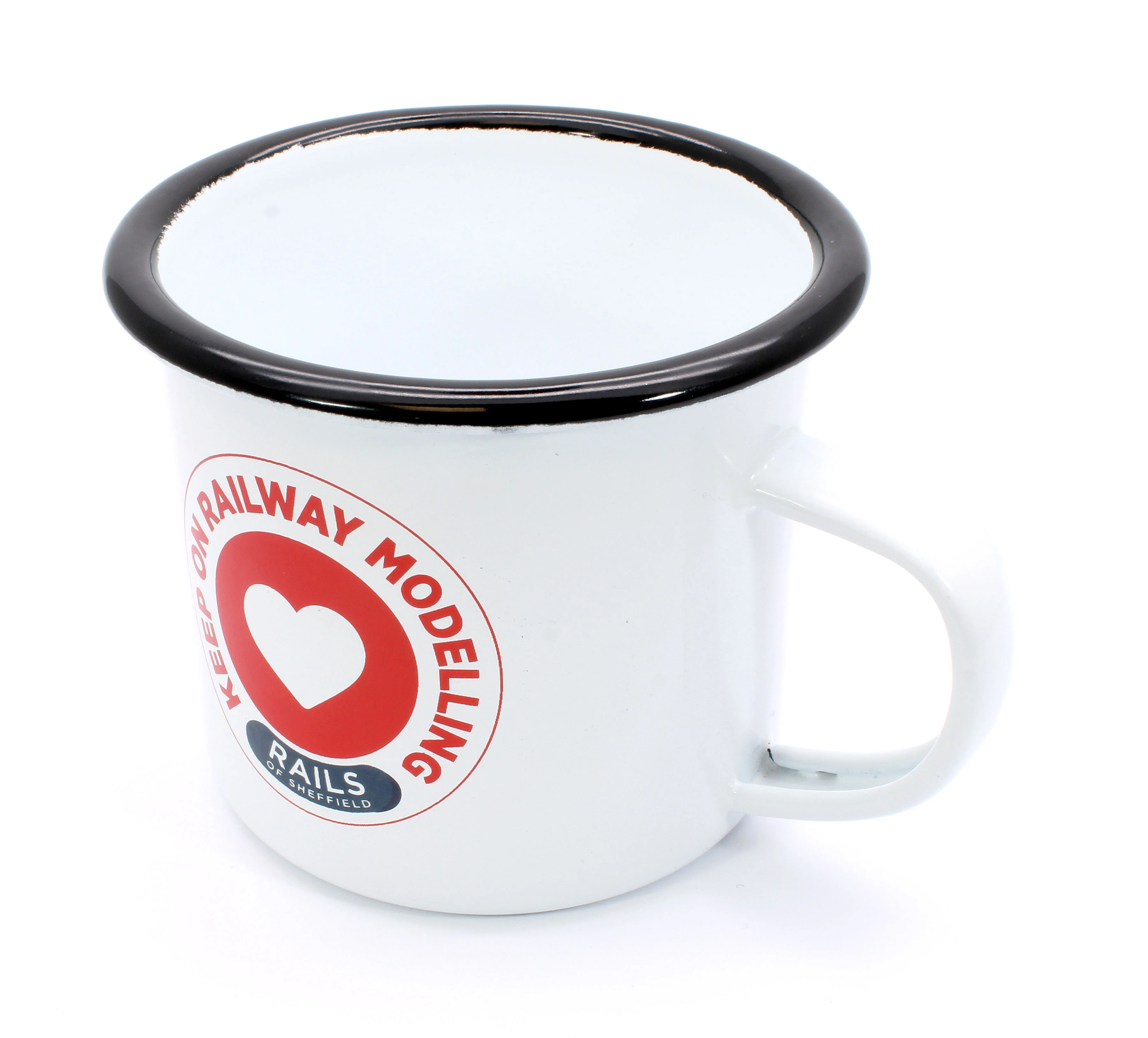 KORM-Mug Rails of Sheffield 'Keep on Railway Modelling ♡' 350ml Outdoor Camping White Enamel Metal Mug/Cup - Image 3