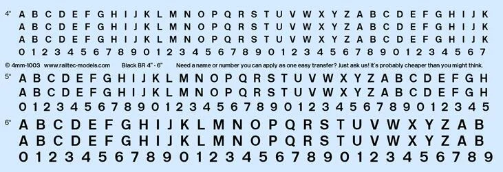 RT-4-1003 Numeric/Alphabet Sheet: Black BR Scale 4" - 6" for OO gauge Waterslide Decals Transfer