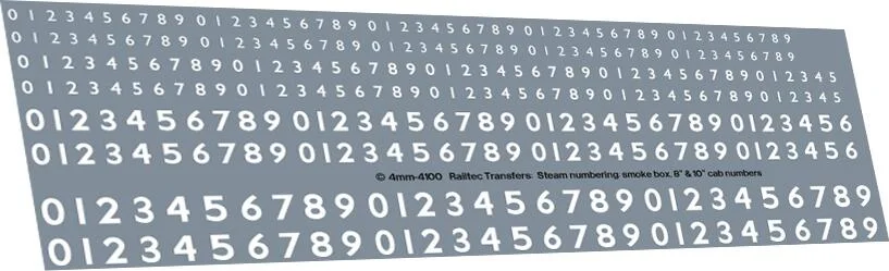 RT-4-4100 Steam Numbering 4-5" Smokebox, 8-10" Numbers: White Waterslide Decals Transfer