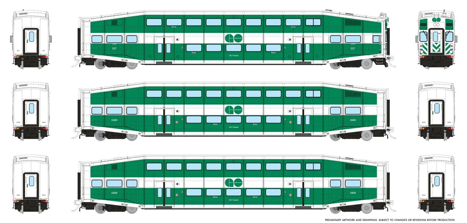 1110001 BiLevel Commuter Car: GO Transit - Late: Set #4 (Cab: 227 Coaches: 2406, 2436)