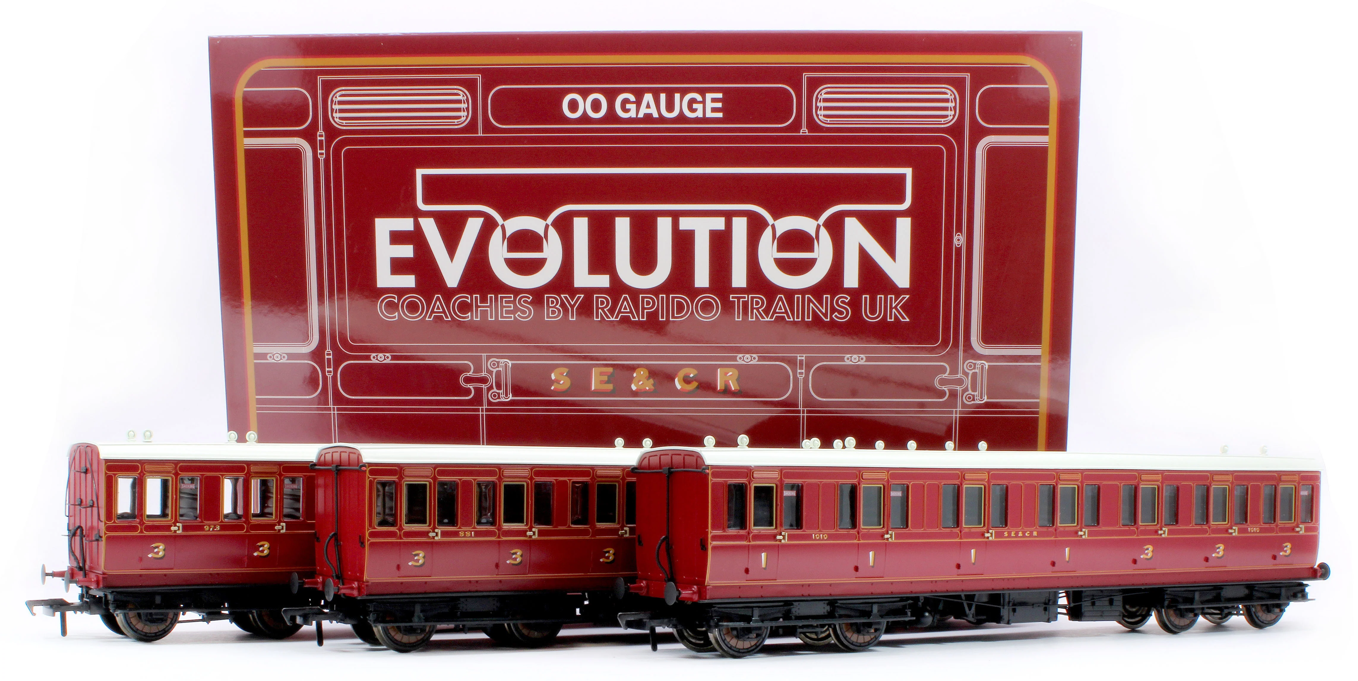 978001 48' SECR ‘Evolution’ Bogie Coach Non-Corridor Carriage No.973, No.881 & No.1010 3-Pack