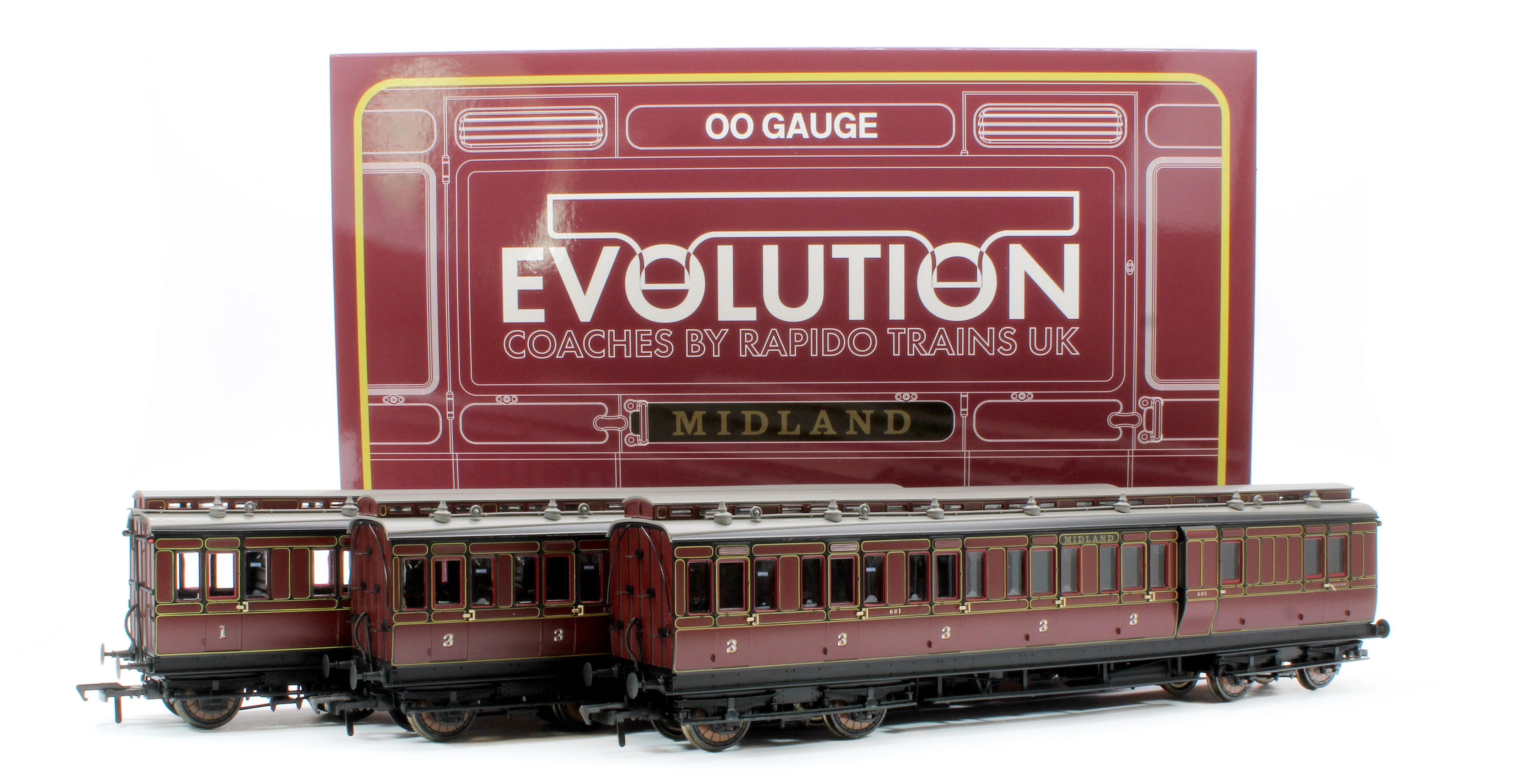 978005 48' Midland Railway ‘Evolution’ Bogie Coach Non-Corridor Carriage No.681, No.2441 & No.3207 3-Pack