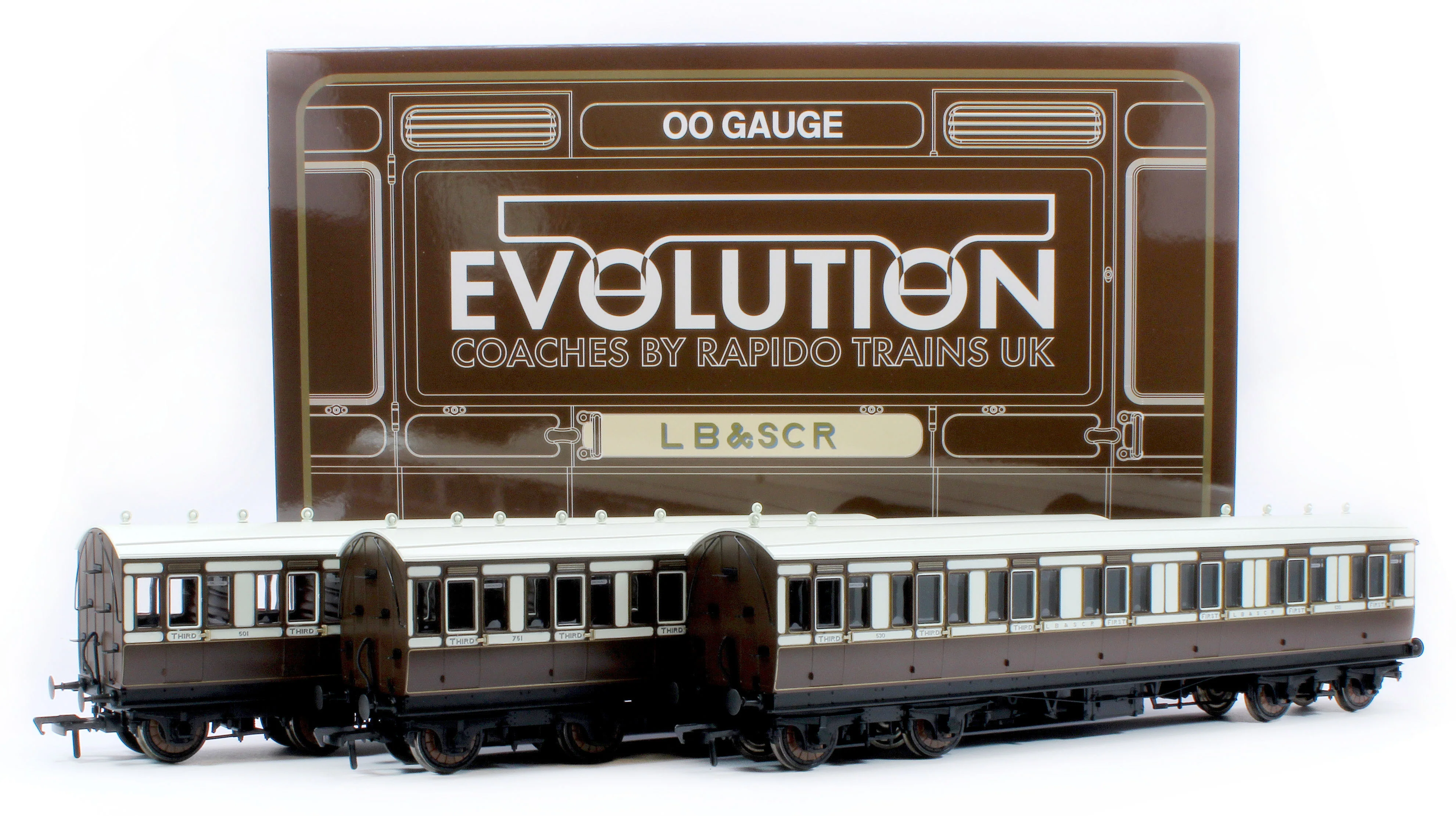 978029 48' LBSCR ‘Evolution’ Bogie Coach Non-Corridor Carriage No.501, No.751 & No.530 3-Pack