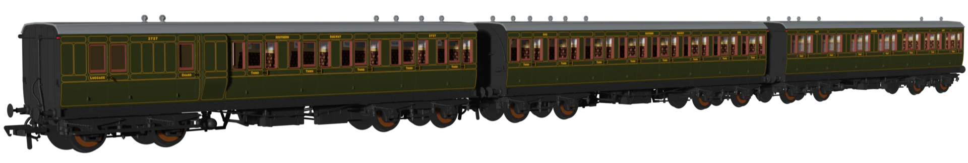 978213 Evolution' 48' SR Olive Non-Corridor Carriage No.2727, 565 & 5017 Triple Pack - Image 2