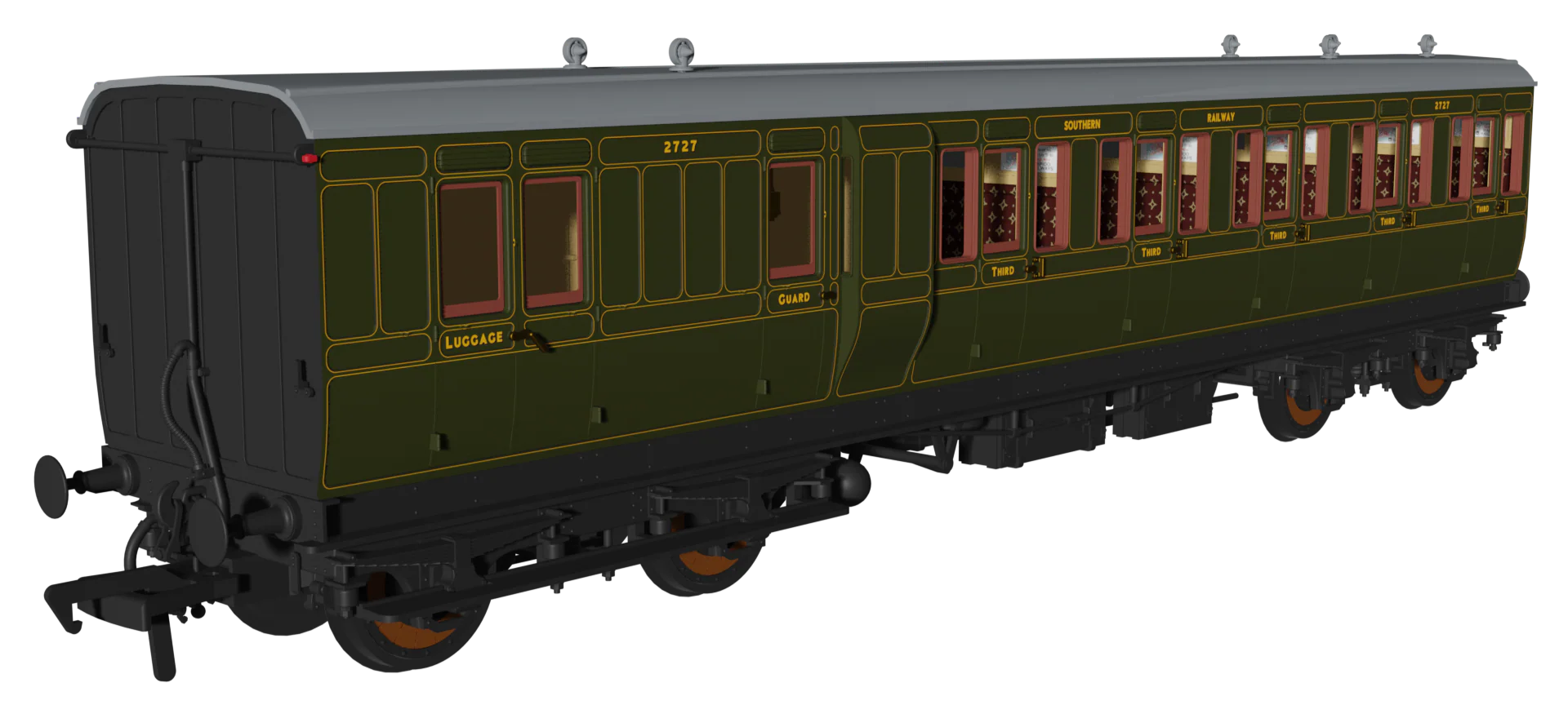 978213 Evolution' 48' SR Olive Non-Corridor Carriage No.2727, 565 & 5017 Triple Pack - Image 3