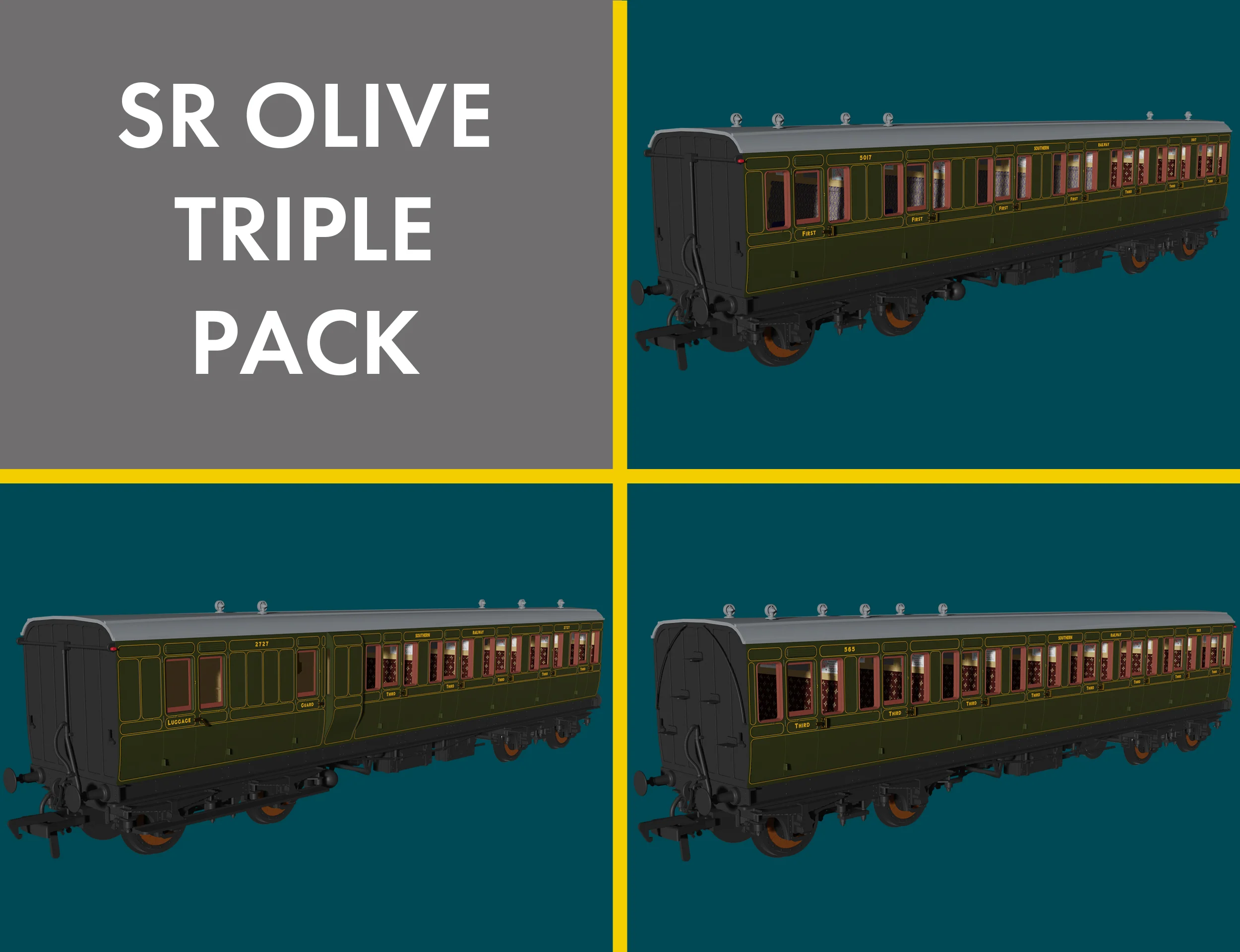 978213 Evolution' 48' SR Olive Non-Corridor Carriage No.2727, 565 & 5017 Triple Pack - Image 6