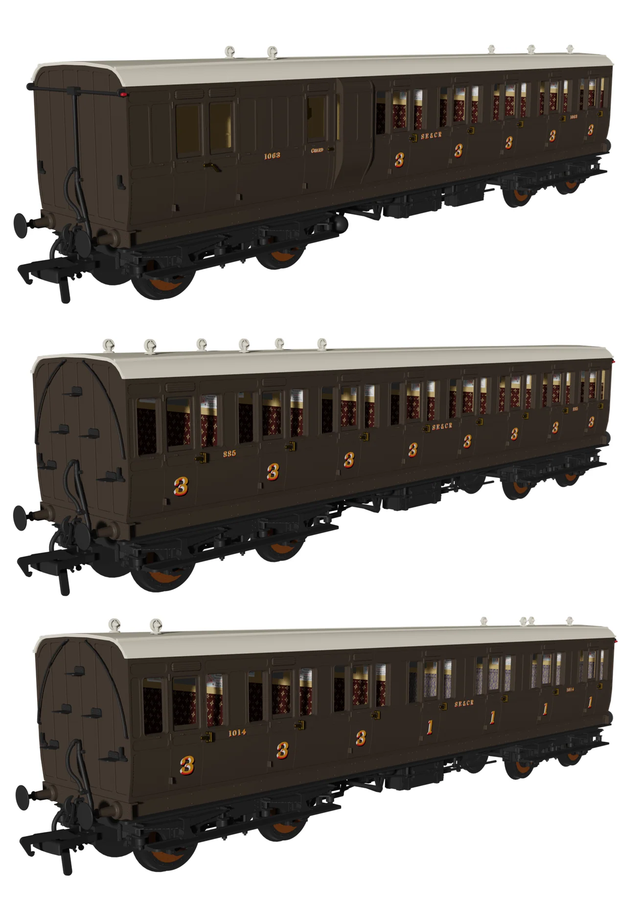 978908 Evolution' 48' SECR Wellington Brown Non-Corridor Carriage No.1063, 885 & 1014 Triple Pack