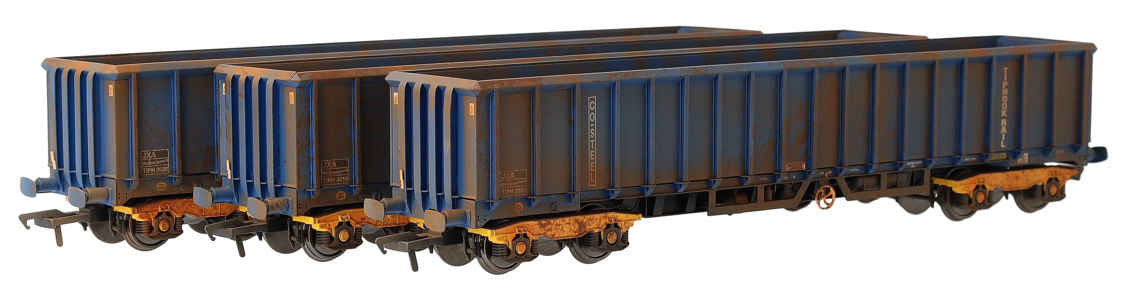 JXA01 TP(B)W Bespoke Weathered Set of 3 JXA Bogie Scrap Wagons TIPH Blue Post 1998 Black & White Data Panels & OHLW Sticker No.3018/3020/3050