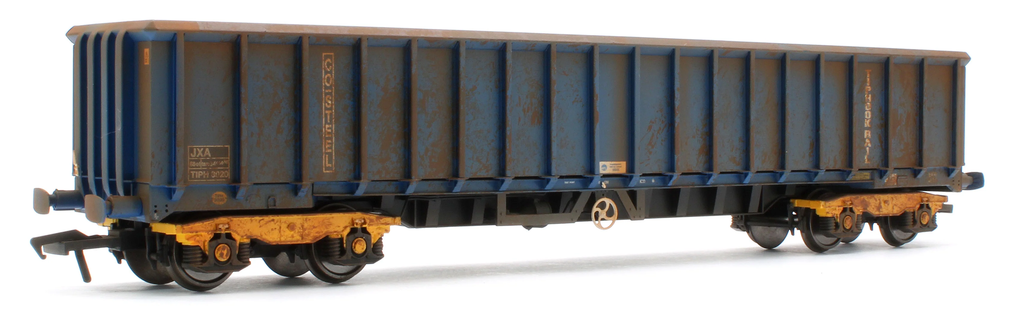 JXA01 TP(B)W Bespoke Weathered Set of 3 JXA Bogie Scrap Wagons TIPH Blue Post 1998 Black & White Data Panels & OHLW Sticker No.3018/3020/3050 - Image 4