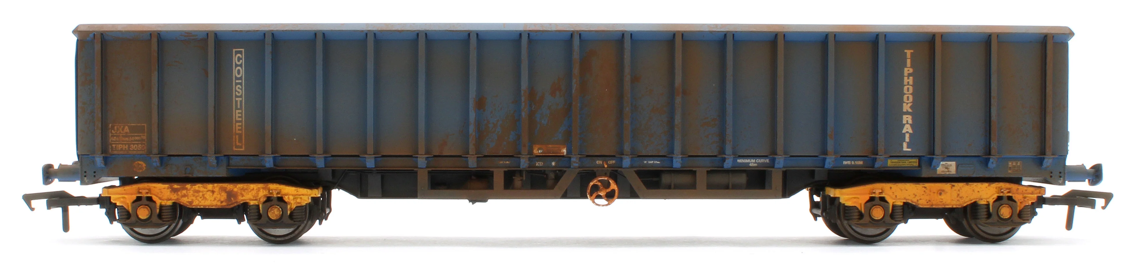 JXA01 TP(B)W Bespoke Weathered Set of 3 JXA Bogie Scrap Wagons TIPH Blue Post 1998 Black & White Data Panels & OHLW Sticker No.3018/3020/3050 - Image 9