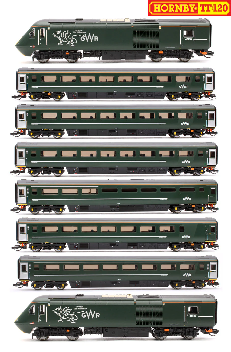 GWR-HST+6-BUNDLE Set of 8 GWR TT:120 Class 43 HST & Mk3 Coaches