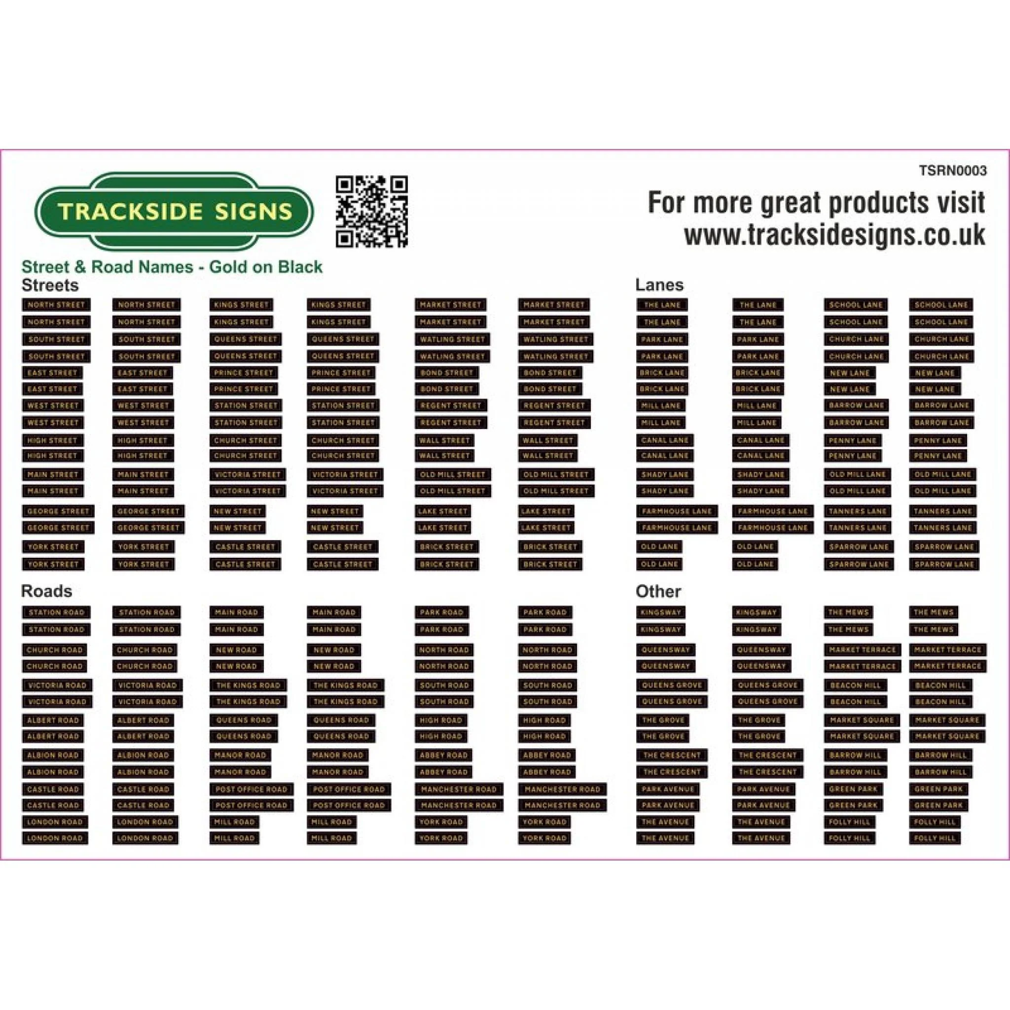 TSRN0003 Street Name Signs (Gold on Black) - OO Gauge