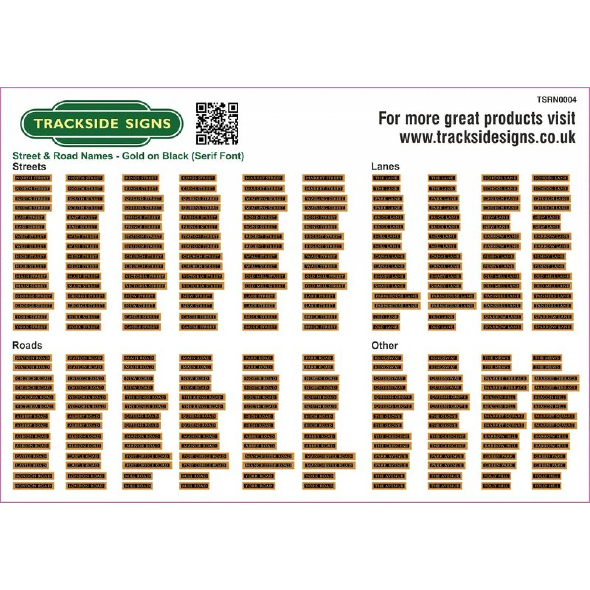 TSRN0004 Street Name Signs (Gold on Black) (Serif Font) - OO Gauge