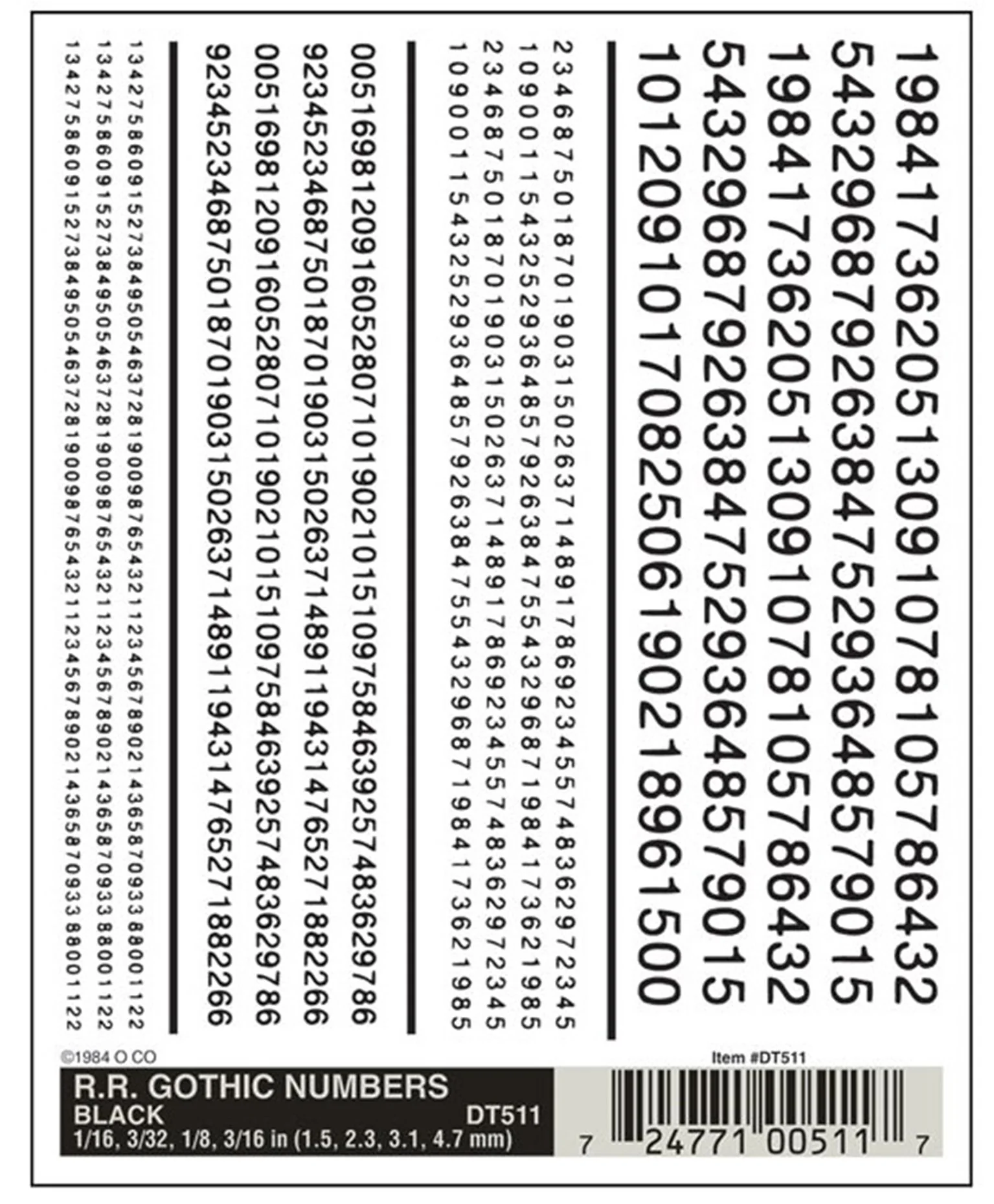 WDT511 DT511 WOODLAND SCENICS - Decals - R.R. Gothic Numbers - Black
