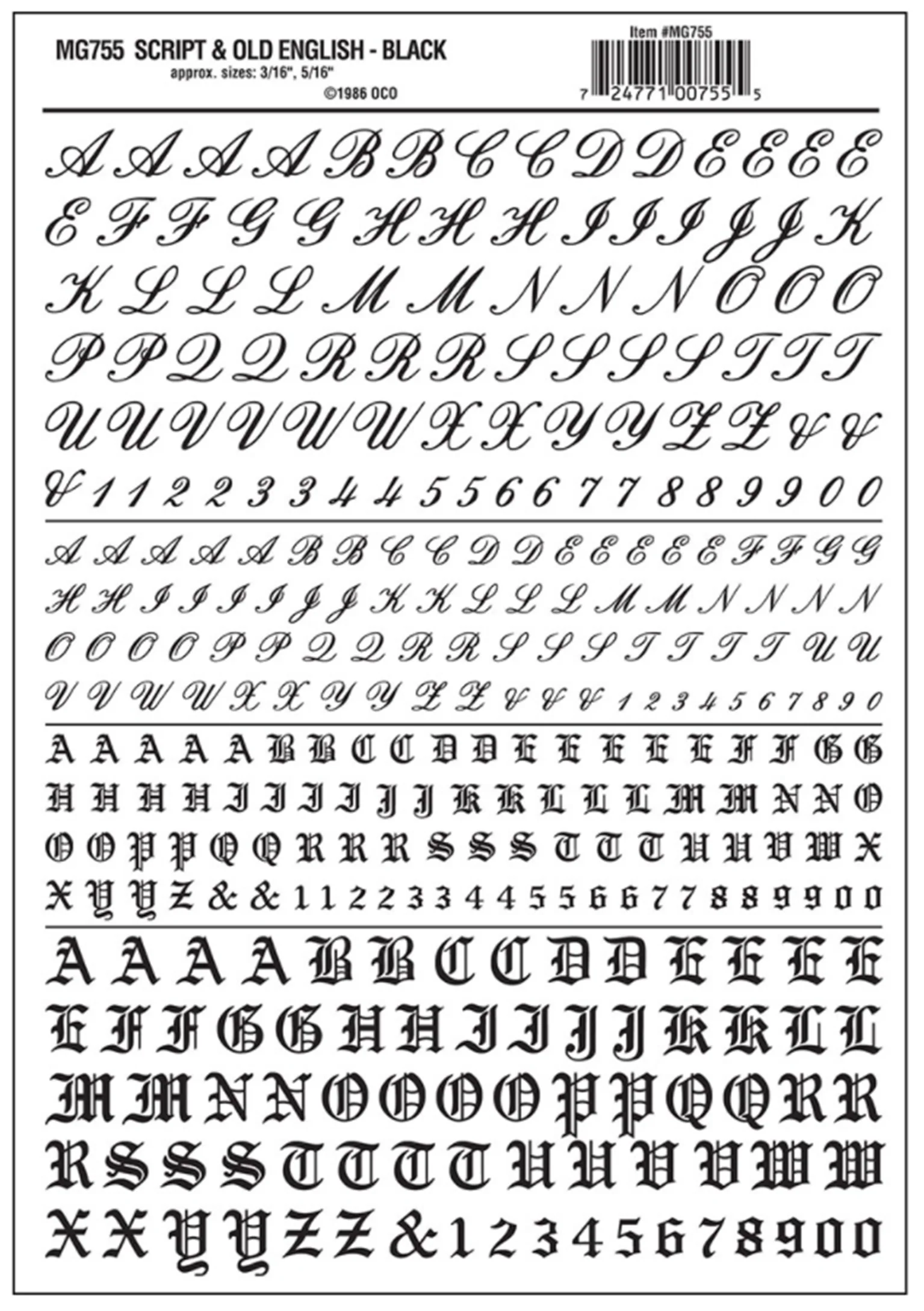 WMG755 MG755 WOODLAND SCENICS - Decals - Script & Old English Black