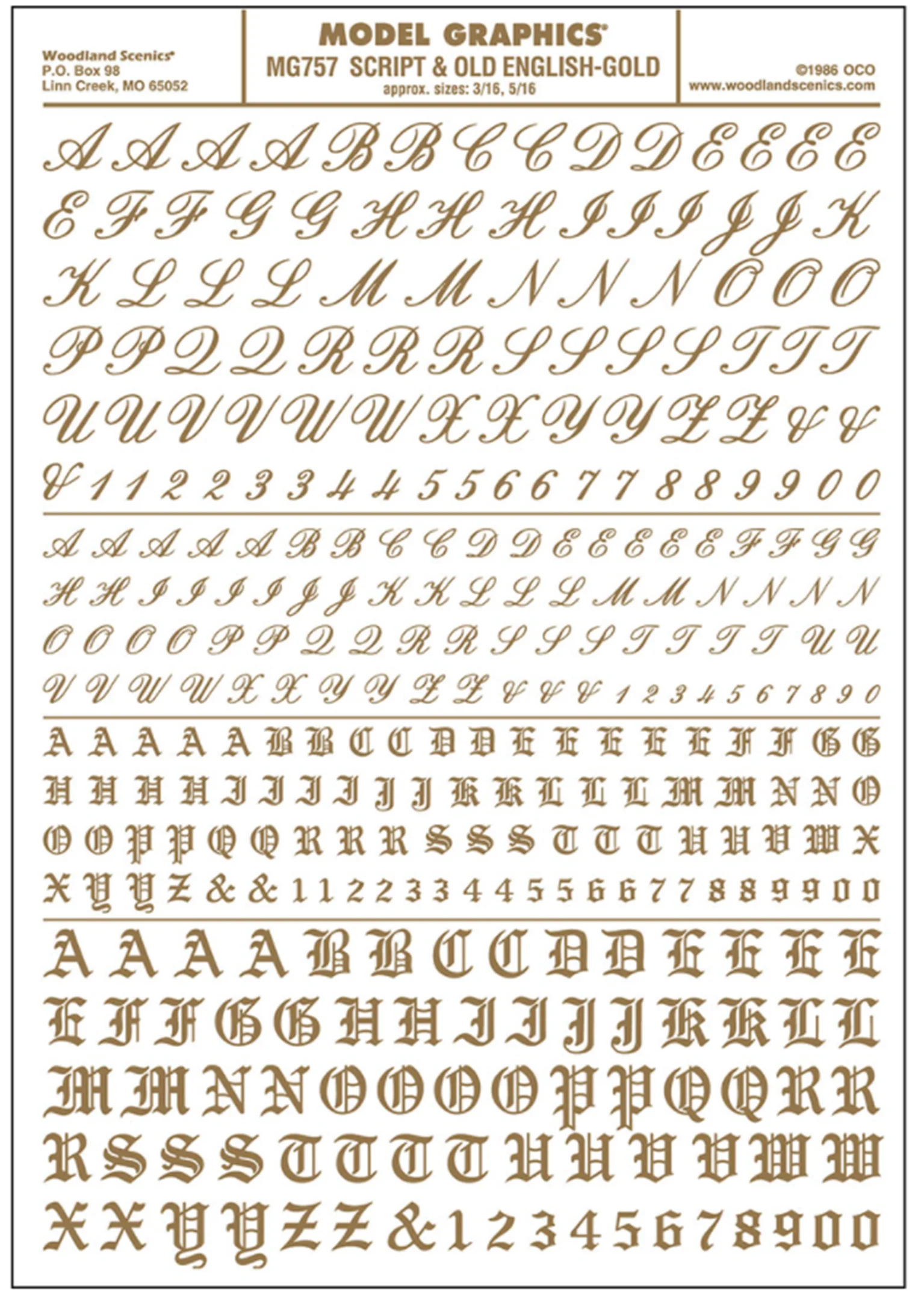 WMG757 MG757 WOODLAND SCENICS - Decals - Script & Old English Gold