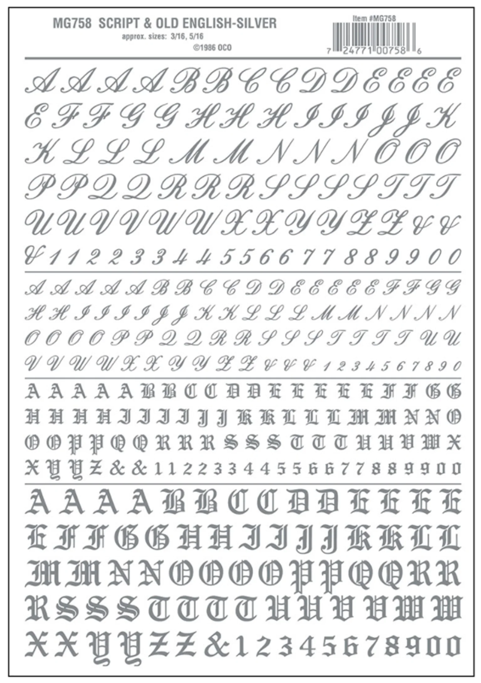 WMG758 MG758 WOODLAND SCENICS - Decals - Script & Old English Silver